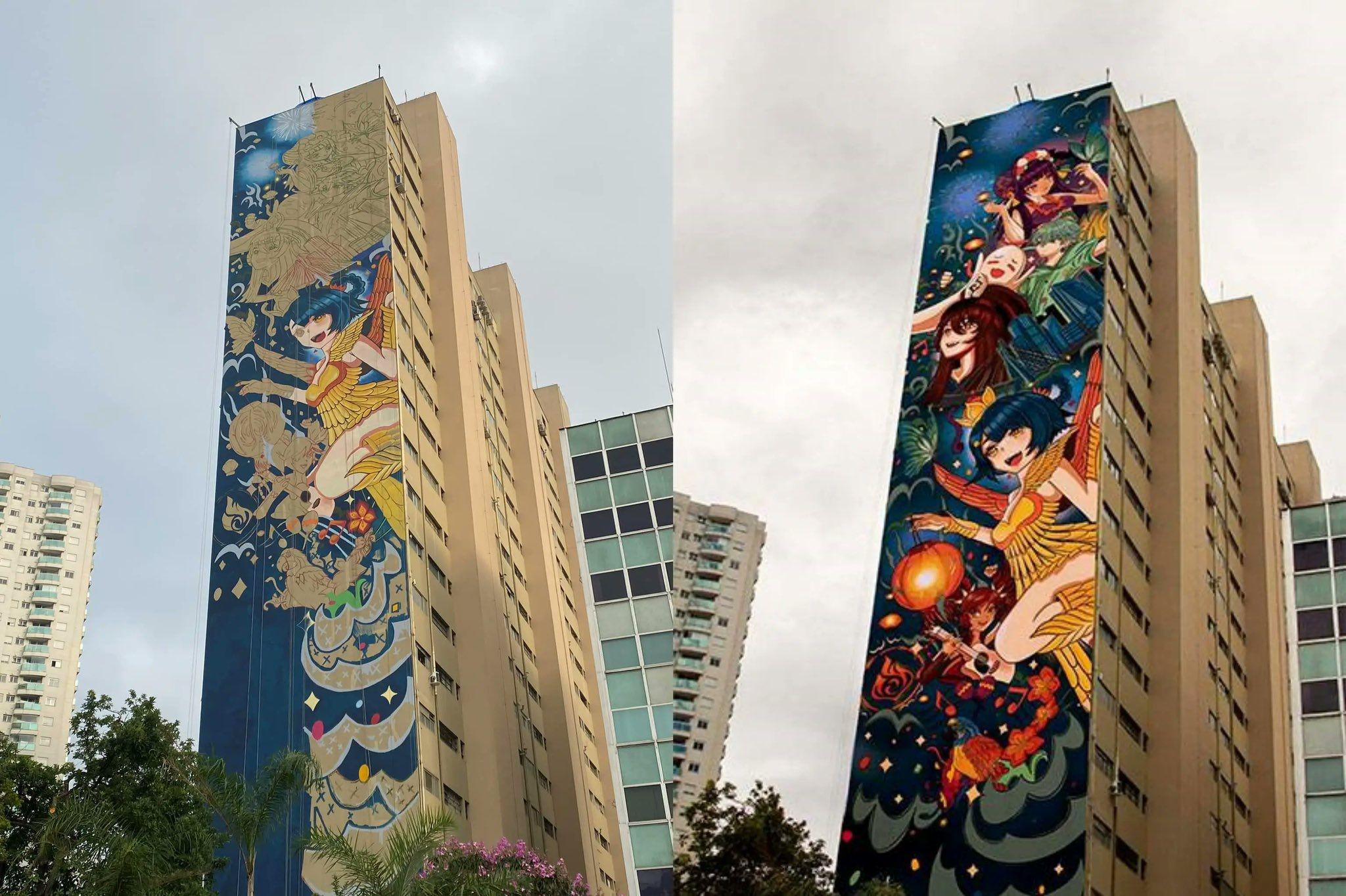 Incrível mural de Genshin Impact cobre toda a lateral de um prédio alto