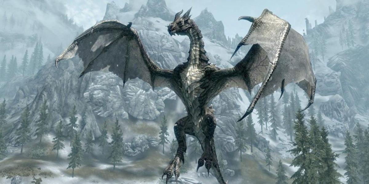 Jogador de Skyrim captura interação bizarra entre um dragão e um gigante
