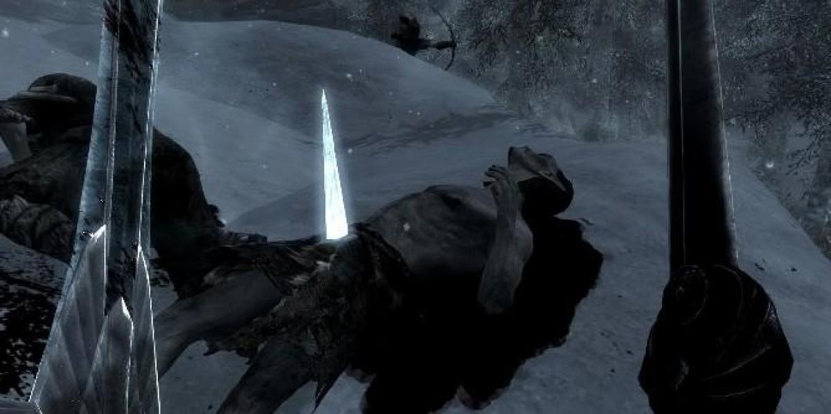 Jogador de Skyrim preso com olhos brilhantes após falha de gelo