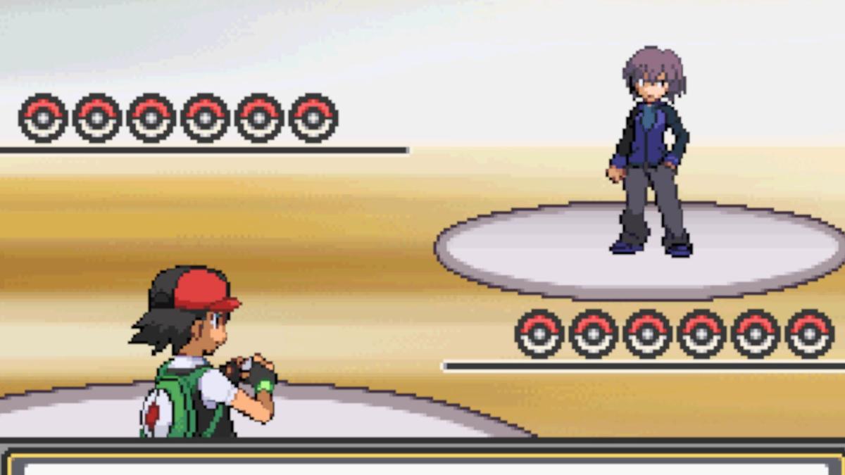 Uma captura de tela do jogo de fãs Pokemon Fire Ash, com Ash se preparando para lutar contra um oponente.