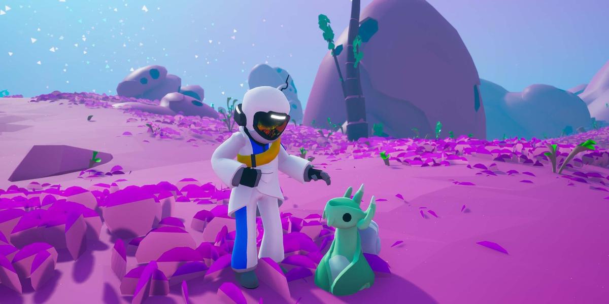 Uma captura de tela de um Astroneer interagindo com uma criatura alienígena