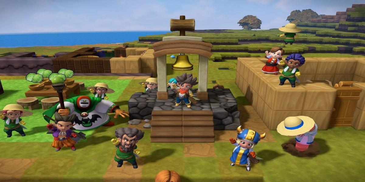 Dragon Quest Builders 2 cidadãos reunidos na praça com sino