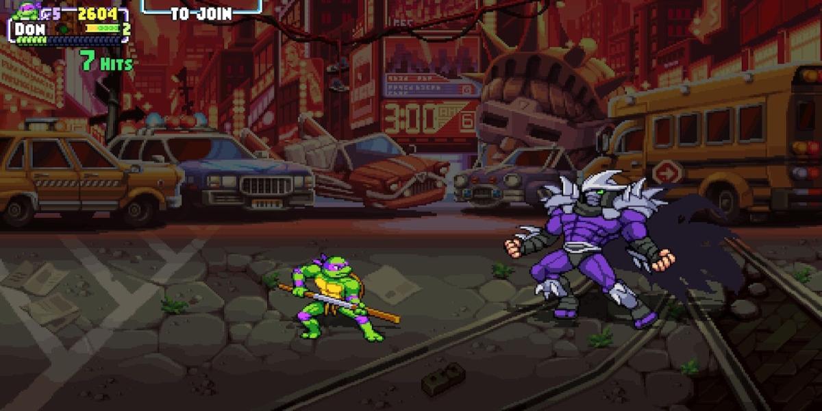 Lutando contra um chefe em Teenage Mutant Ninja Turtles Shredder's Revenge