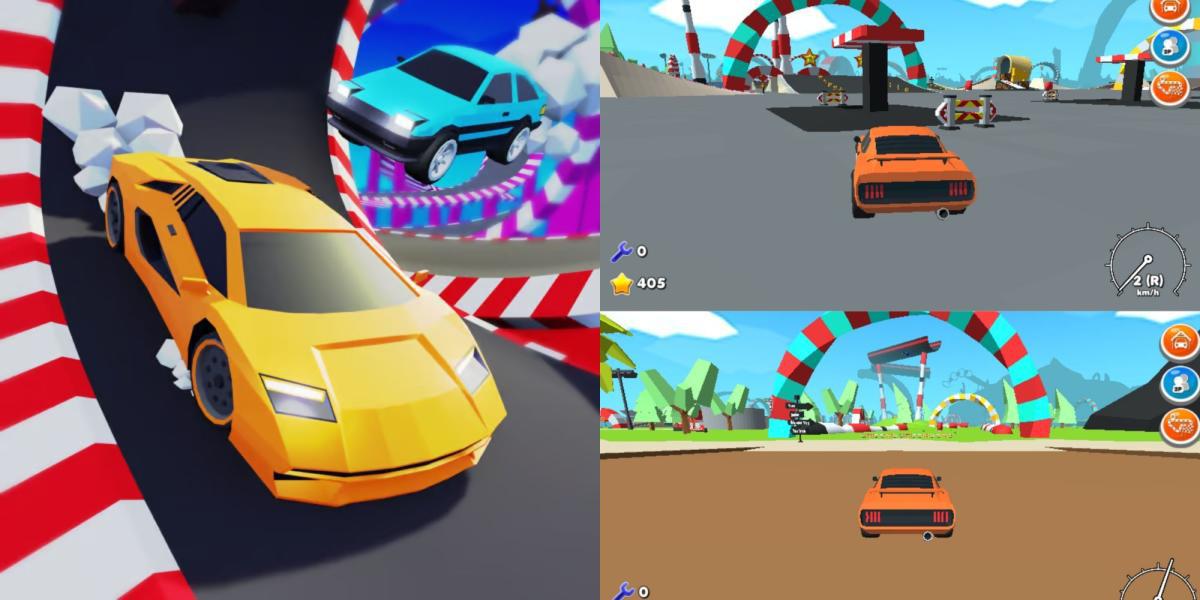 Colagem de carros Crazy Cars com capturas de tela do jogo e a miniatura do jogo