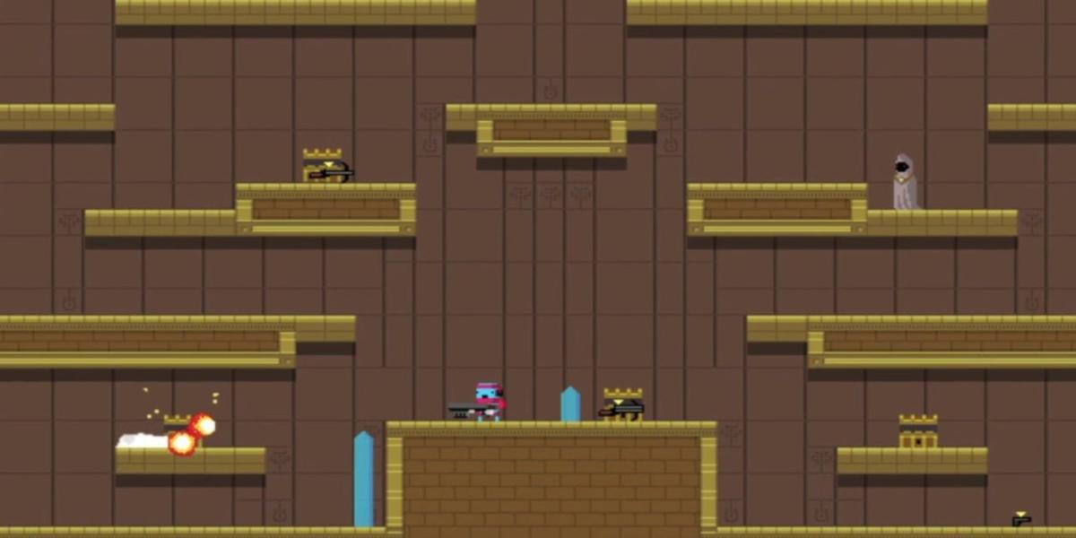 Jogabilidade de Temple of Boom scrrenshot mascote azul com baú no nível da torre