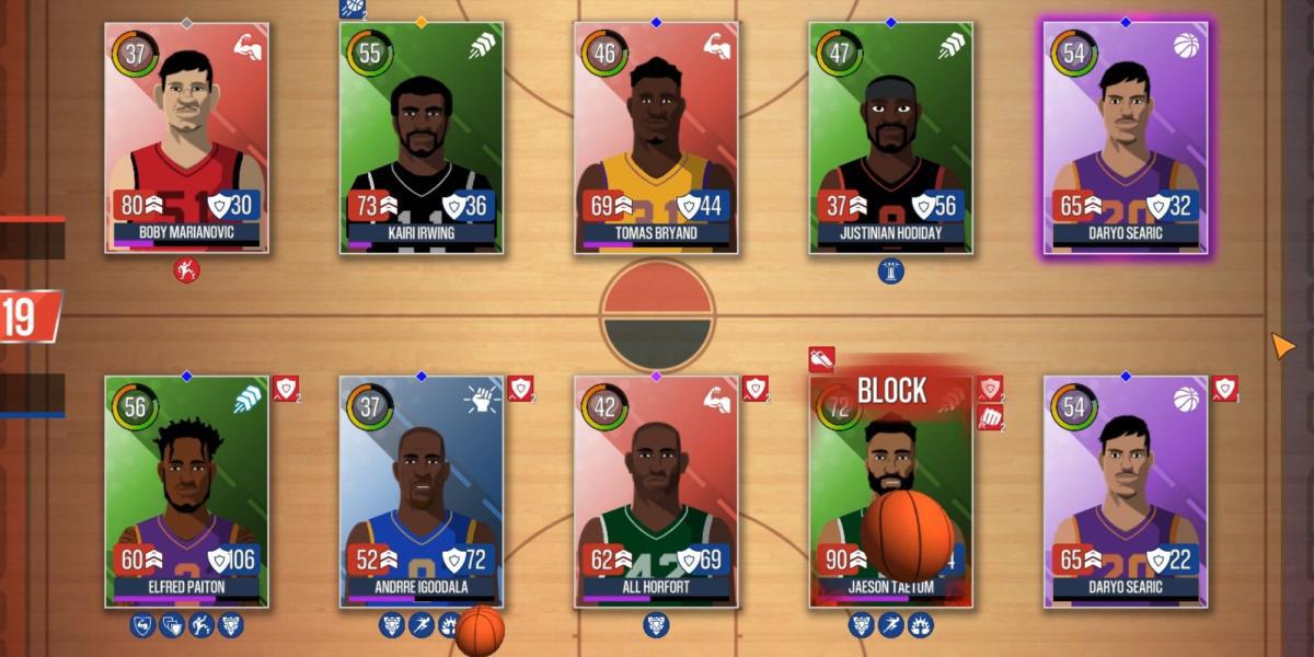 Um jogador bloqueia um arremesso no jogo de cartas de basquete Dream Team Basketball