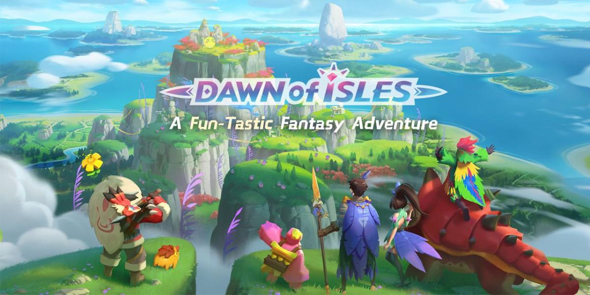 Dawn-of-Isles-imagem-capa-do-jogo-móvel-com-aventureiros-com-vista-para-a-ilha