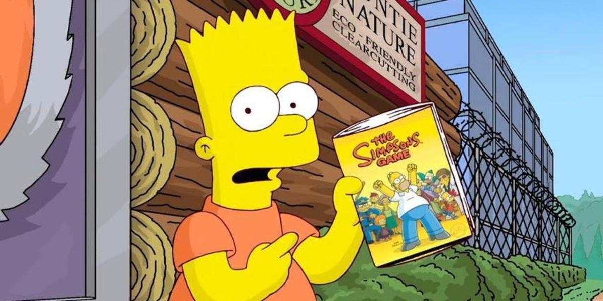 Bart segurando um manual para o jogo dos Simpsons