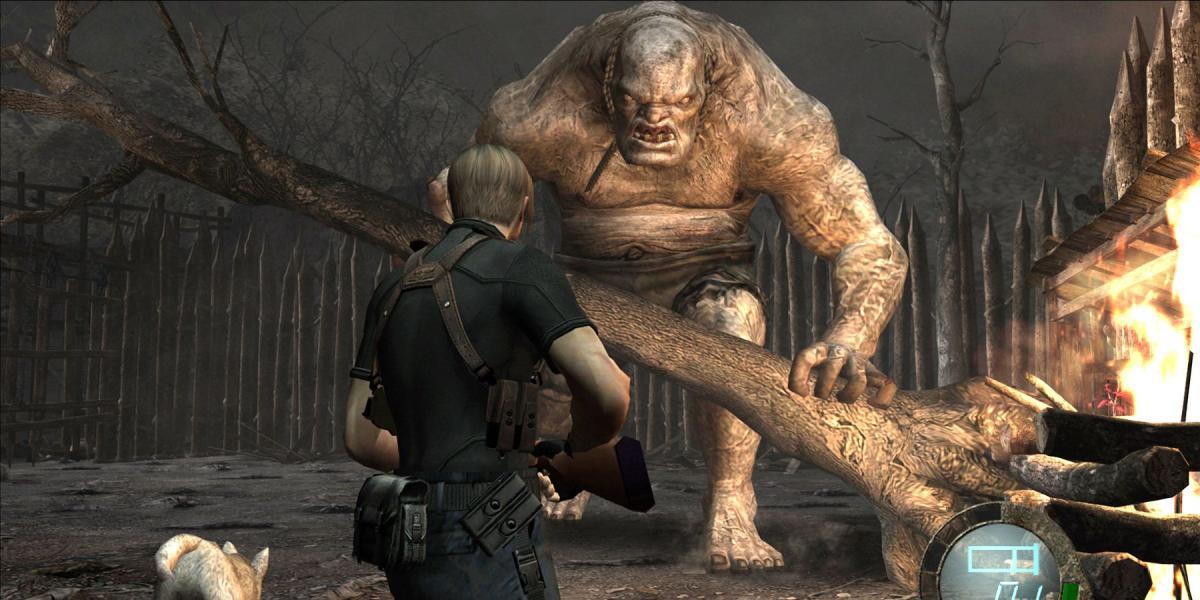 Imagem de Resident Evil 4 mostrando Leon prestes a lutar contra El Gigante.