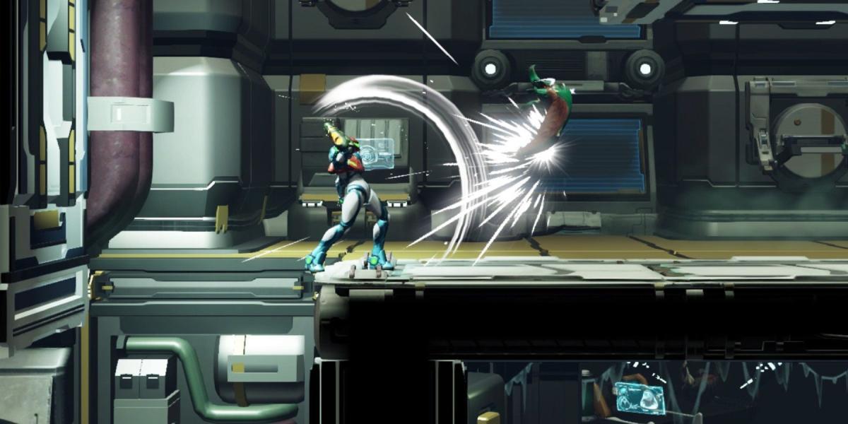 Metroid Dread Samus usando ataque corpo a corpo