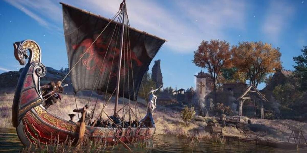 Assassin's Creed Valhalla River Raid Eivor no comando de seu navio