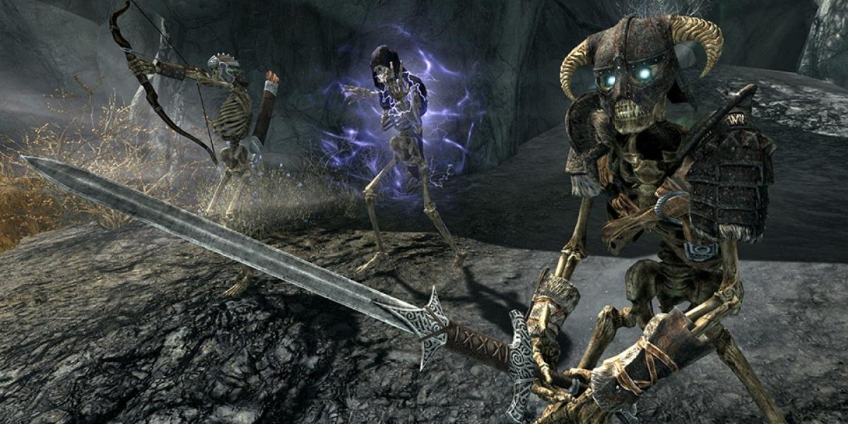 Lacaios esqueletos convocados por um necromante em Skyrim