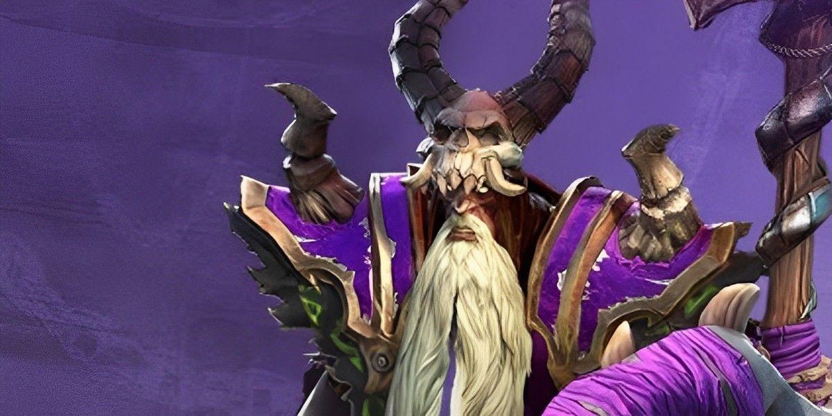 Um necromante de Warcraft 3: Reforged em um fundo roxo