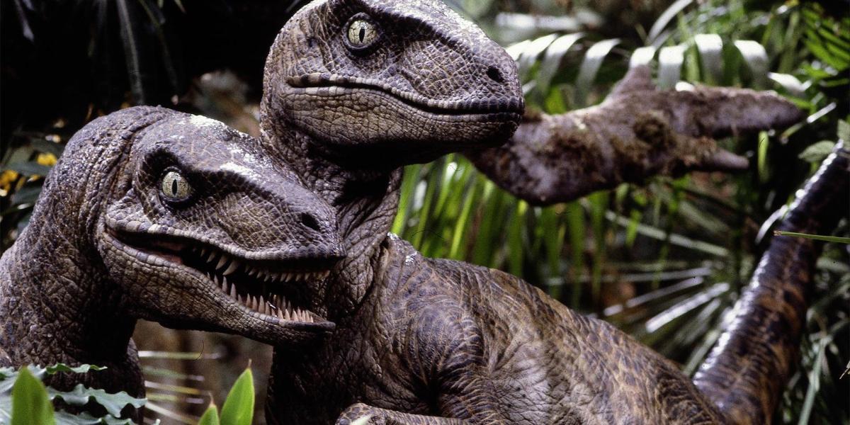 Dois Velociraptors na selva em Jurassic Park (1993)