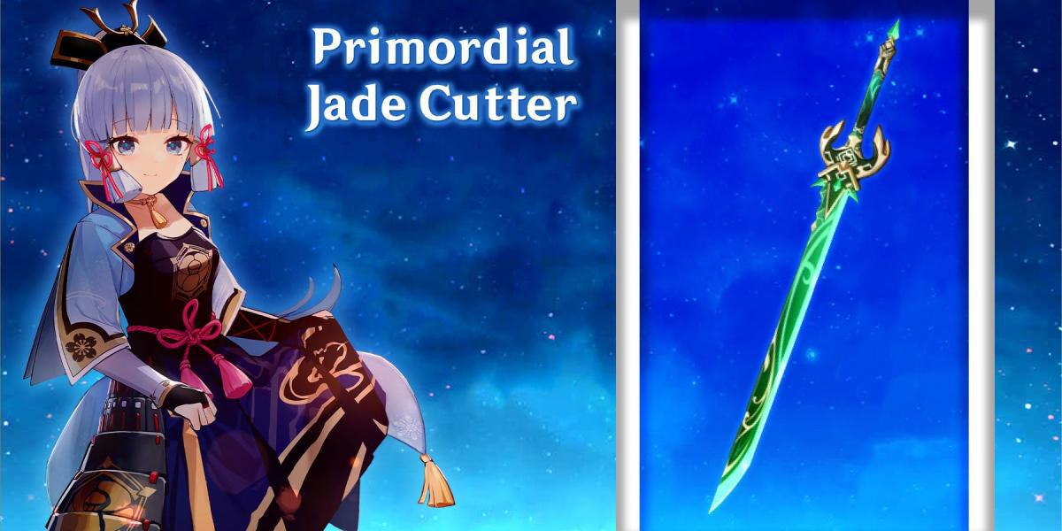 ayaka segurando o cortador de jade primordial no impacto genshin