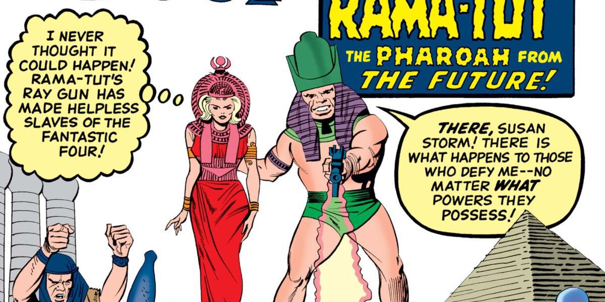 Rama-Tut com Sue Storm em uma capa de quadrinhos