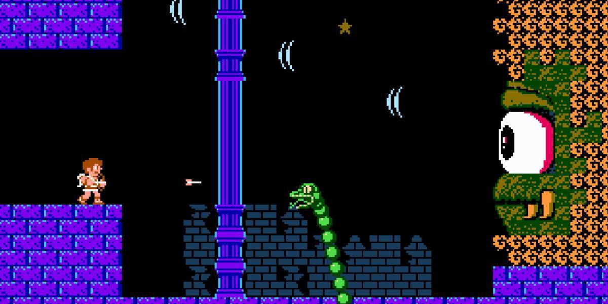 Pit em uma batalha de chefe contra Medusa em Kid Icarus para o NES