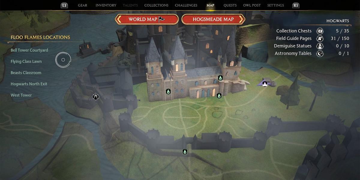 locais da página do guia de campo da asa da torre sineira no legado de hogwarts
