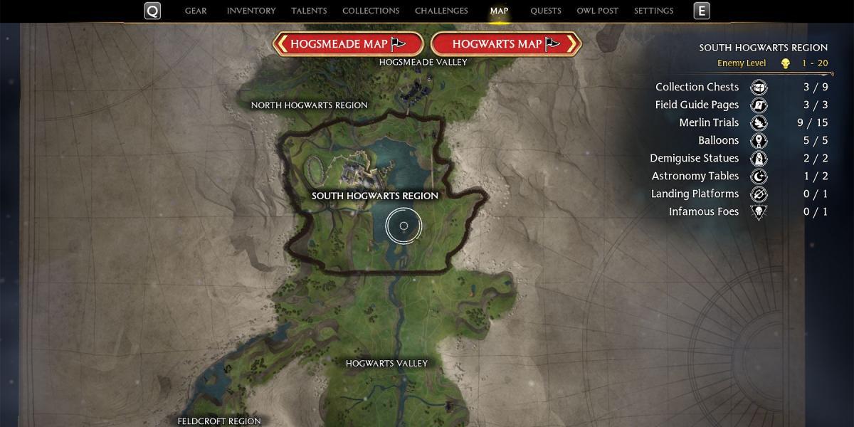 localização dos balões da região sul de hogwarts no legado de hogwarts