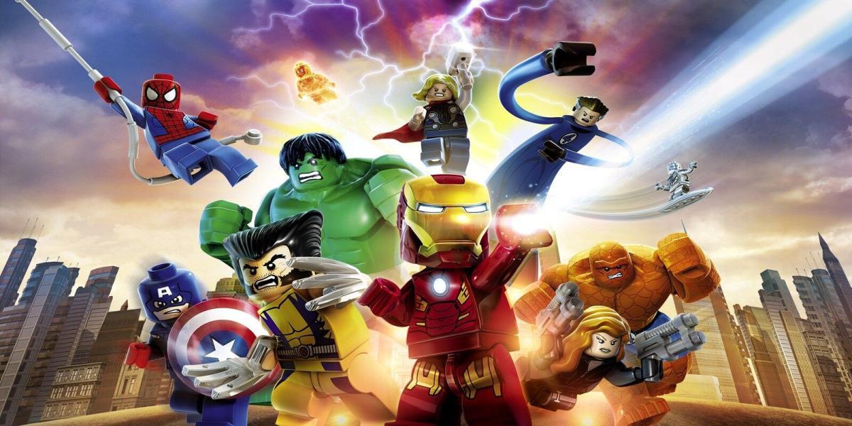 Lego Marvel Super Heroes Homem de Ferro na frente com Hulk Thor Homem-Aranha Capitão América Hulk e outros atrás