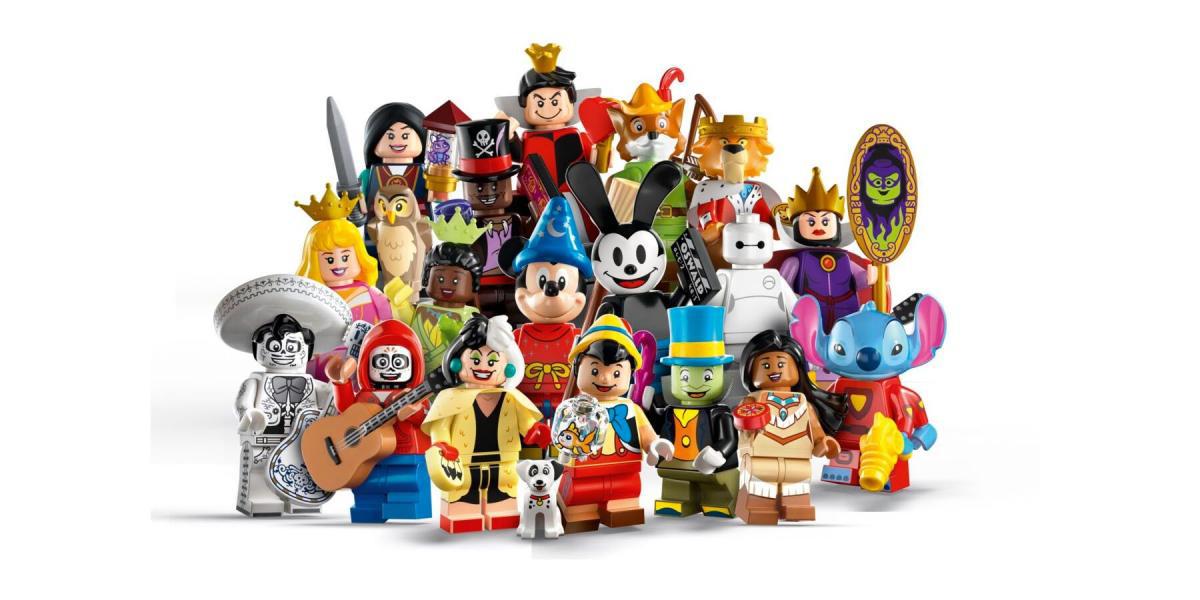 Uma imagem promocional de várias minifiguras LEGO temáticas da Disney contra um fundo branco.