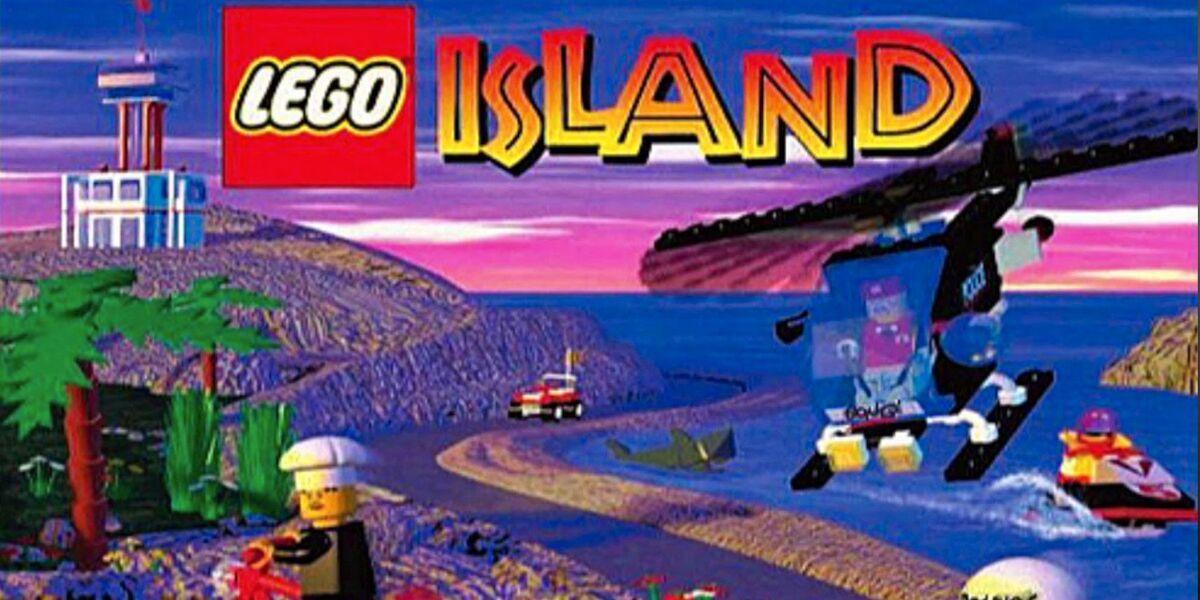 Arte-chave da Lego Island com várias pessoas em veículos