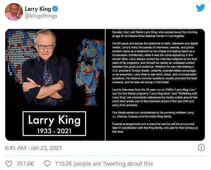 Lenda da TV Larry King morre