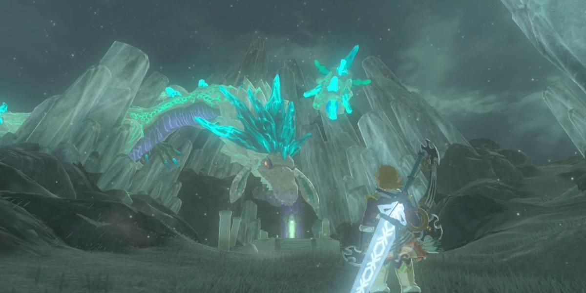 Legend of Zelda Breath of the Wild Mount Lanayru Link enfrentando White and Blue Dragon