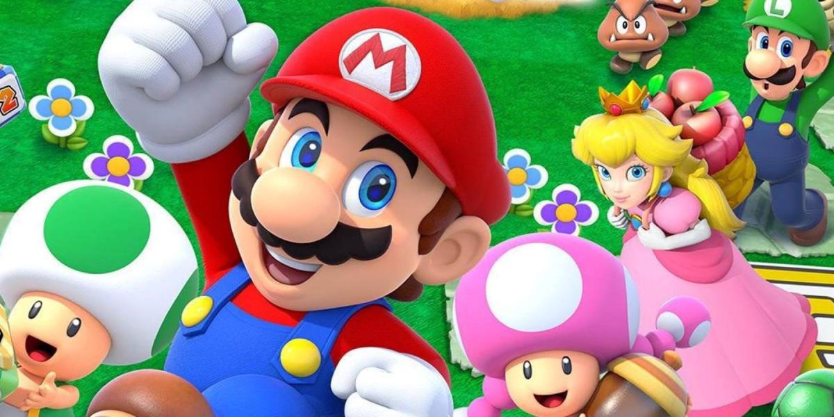 Um close-up de Mario, Peach, Luigi, Green Toad, Toadette e alguns Goombas de Mario Party Star Rush