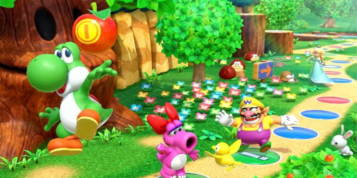 Yoshi, Birdo, Wario e Rosalina explorando o tabuleiro Woody Woods em Mario Party Superstars