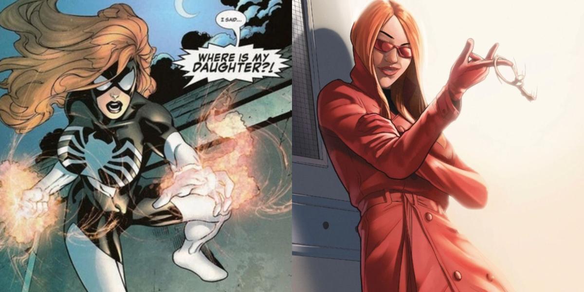 Uma imagem dividida mostra Julia Carpenter como Mulher-Aranha e Madame Teia nos quadrinhos da Marvel