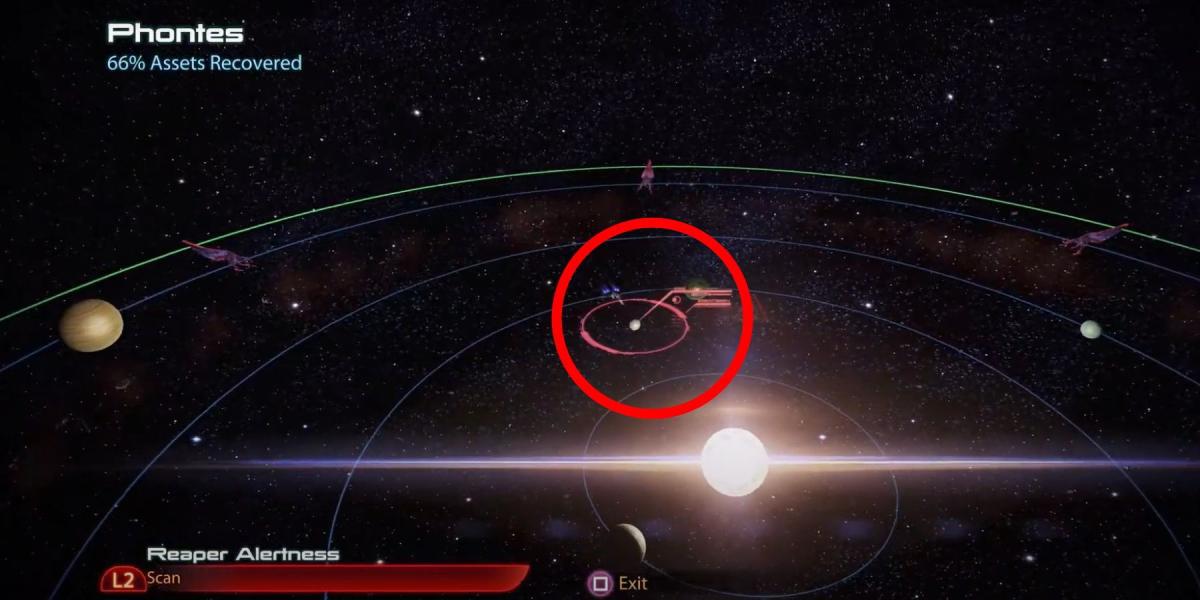 Sistema Mass Effect 3 Phontes com círculo ao redor da lua Dekuuna e Olton