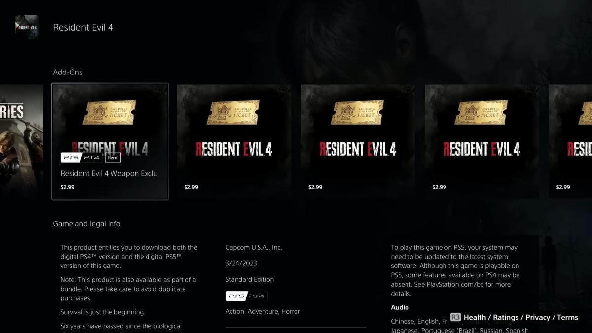 imagem mostrando tíquetes de atualização exclusivos no resident evil 4 remake.