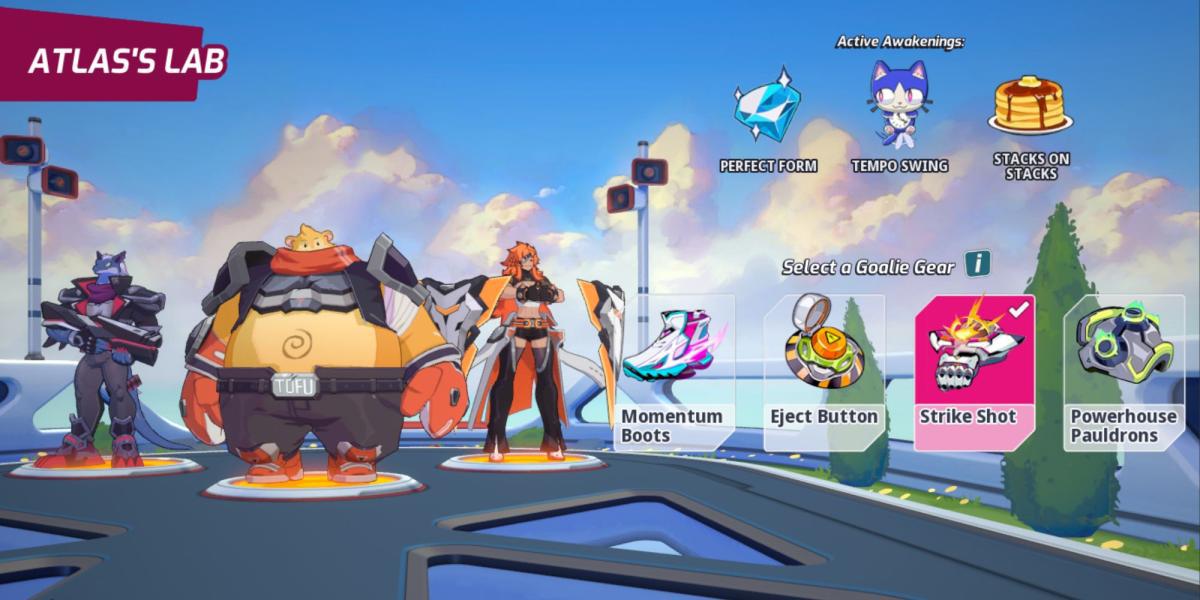 A tela pré-jogo mostrando as opções de seleção de equipamento em Omega Strikers. O equipamento Strike Shot é destacado