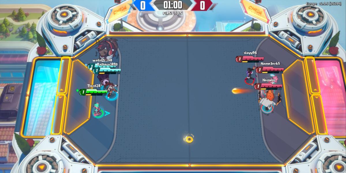 Uma captura de tela da jogabilidade do jogo de futebol 3v3 Omega Strikers