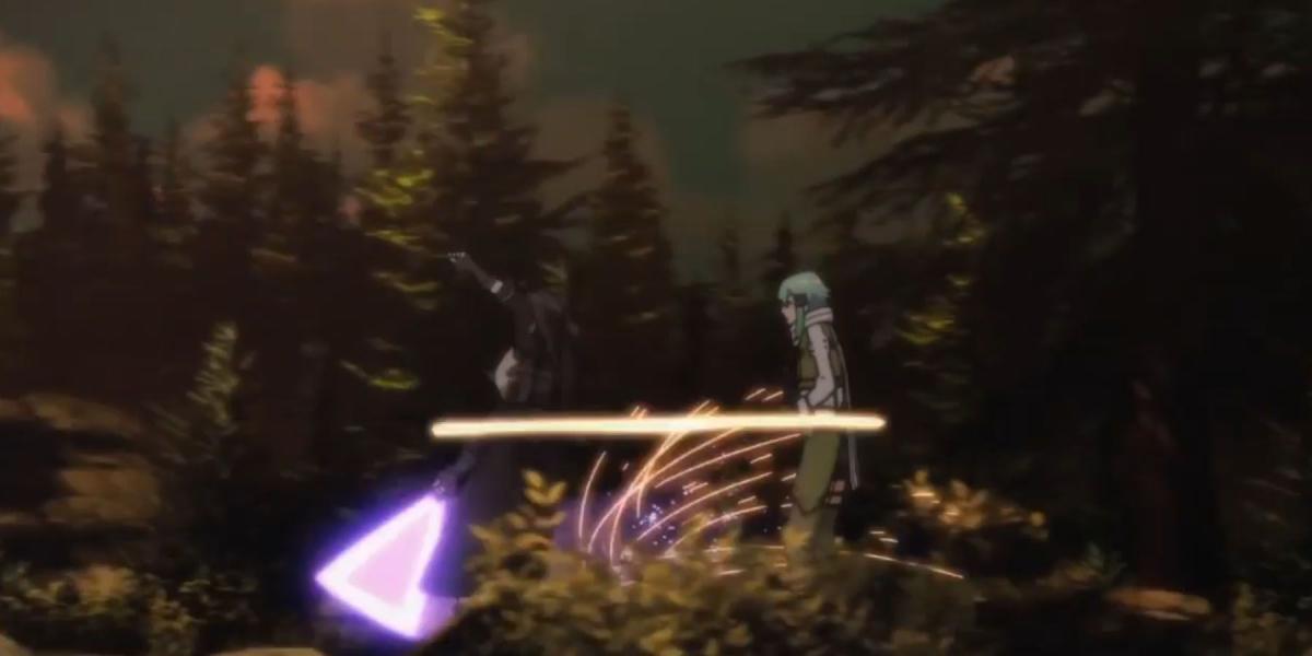Kirito desviando balas com seu sabre de feixe