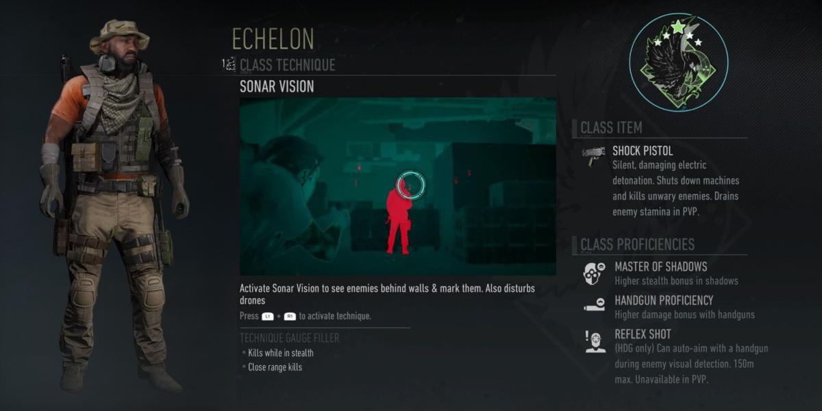 Detalhes da Classe Echelon em Ghost Recon Breakpoint ao lado de um soldado