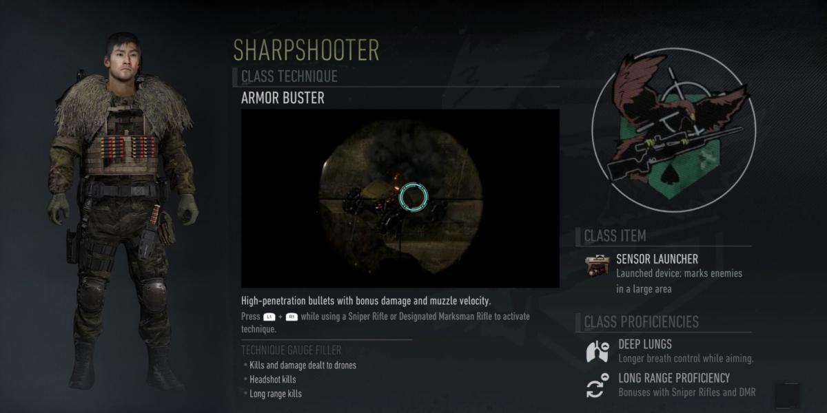 A classe Sharpshooter do Ghost Recon Breakpoint acompanhada por um soldado e o logotipo da classe