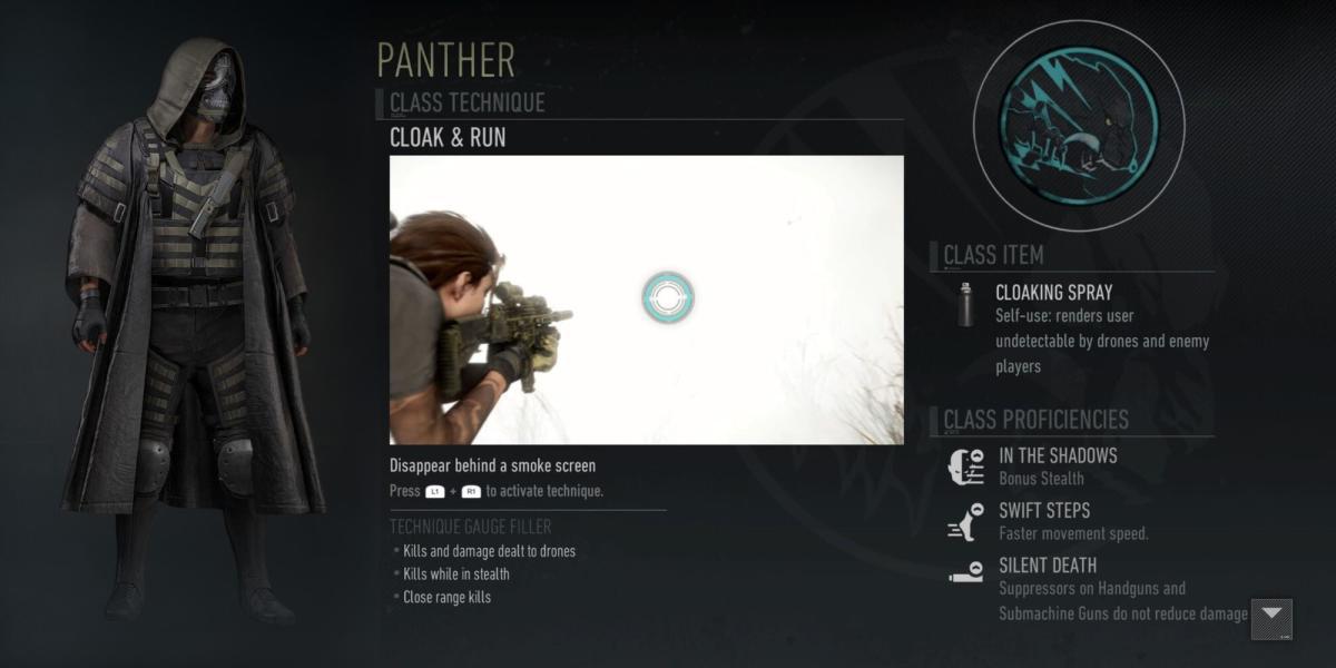 A classe Panther do Ghost Recon Breakpoint acompanhada por um soldado e o logotipo da classe