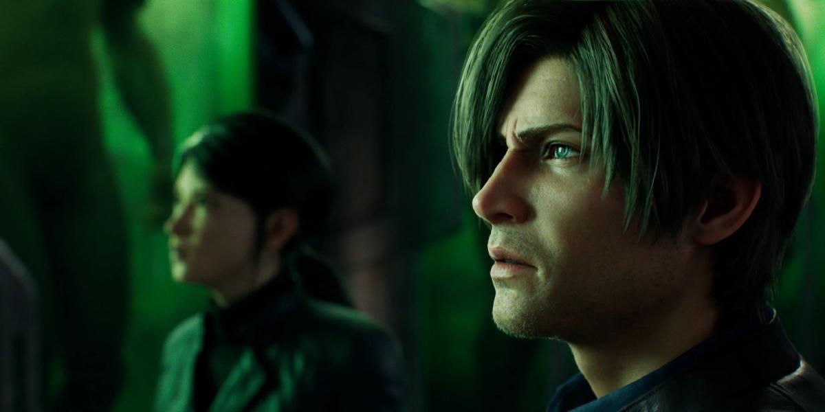 Leon olha para a esquerda com um olhar preocupado, a cena banhada em luz verde esmeralda.