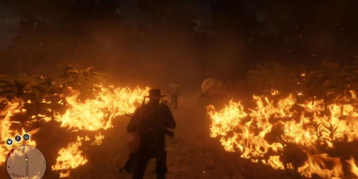 jogador online Red Dead em um incêndio florestal
