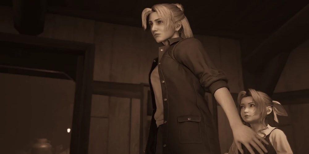 Elmyra Gainsborough protegendo uma jovem Aerith no remake de Final Fantasy 7