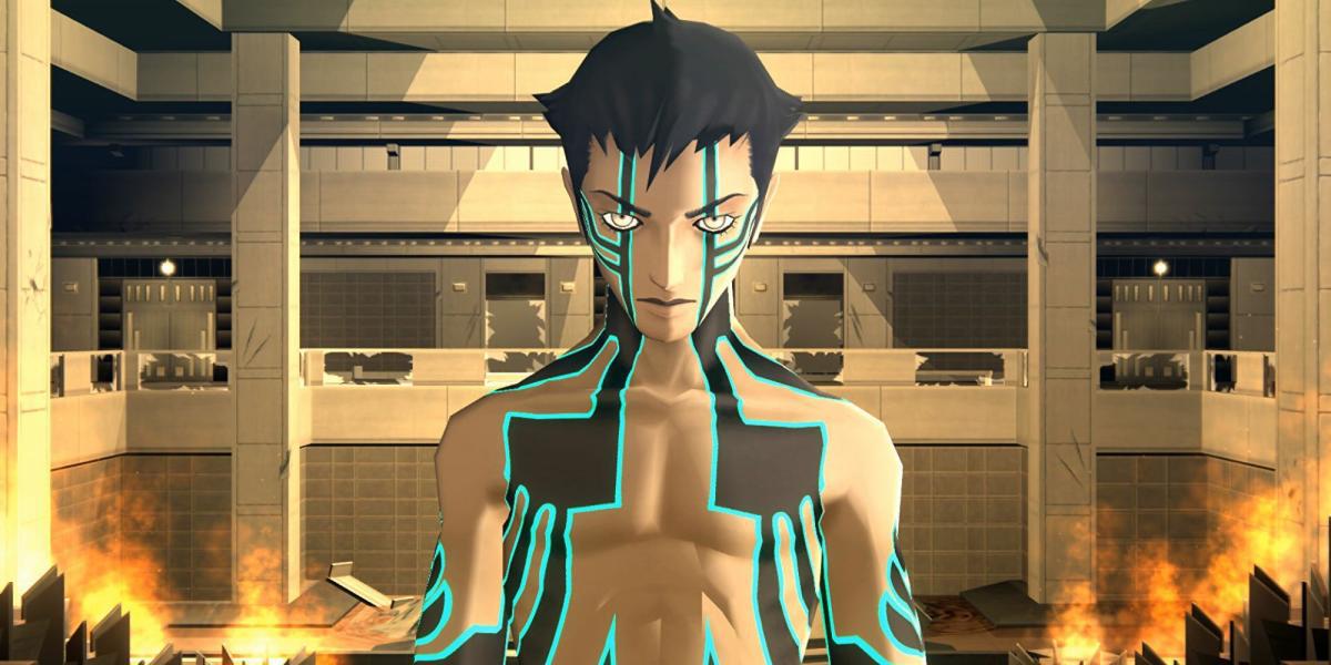 Um personagem encarando o jogador com fogo atrás dele em Shin Megami Tensei 3: Nocturne
