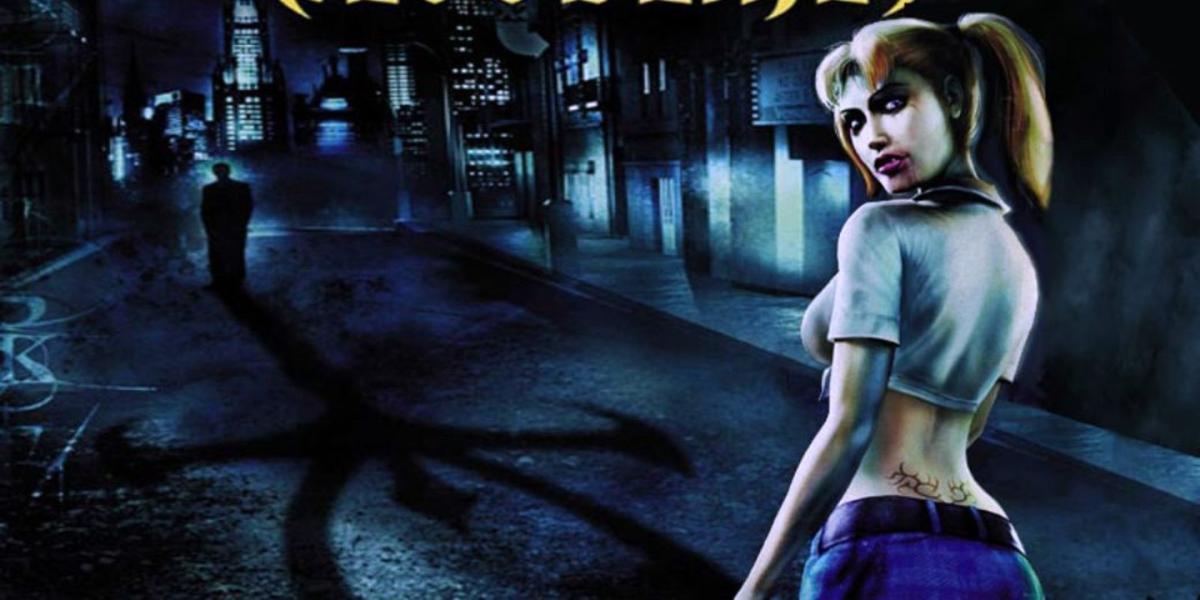 a arte da capa da versão para PC de Vampire The Masquerade Bloodlines, retratando um NPC andando à noite