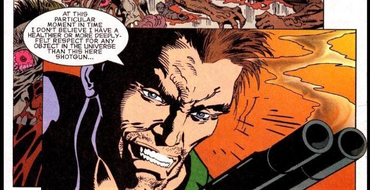Painel da história em quadrinhos de Doom apresentando Doomguy elogiando sua espingarda