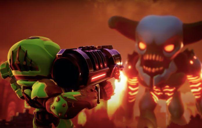 Mini-Slayer mirando um foguete em um Barão do Inferno em Mighty Doom