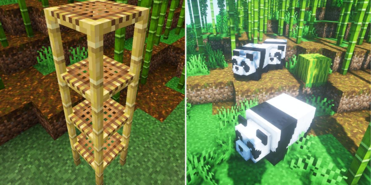 Andaime de Minecraft e Panda na selva de bambu