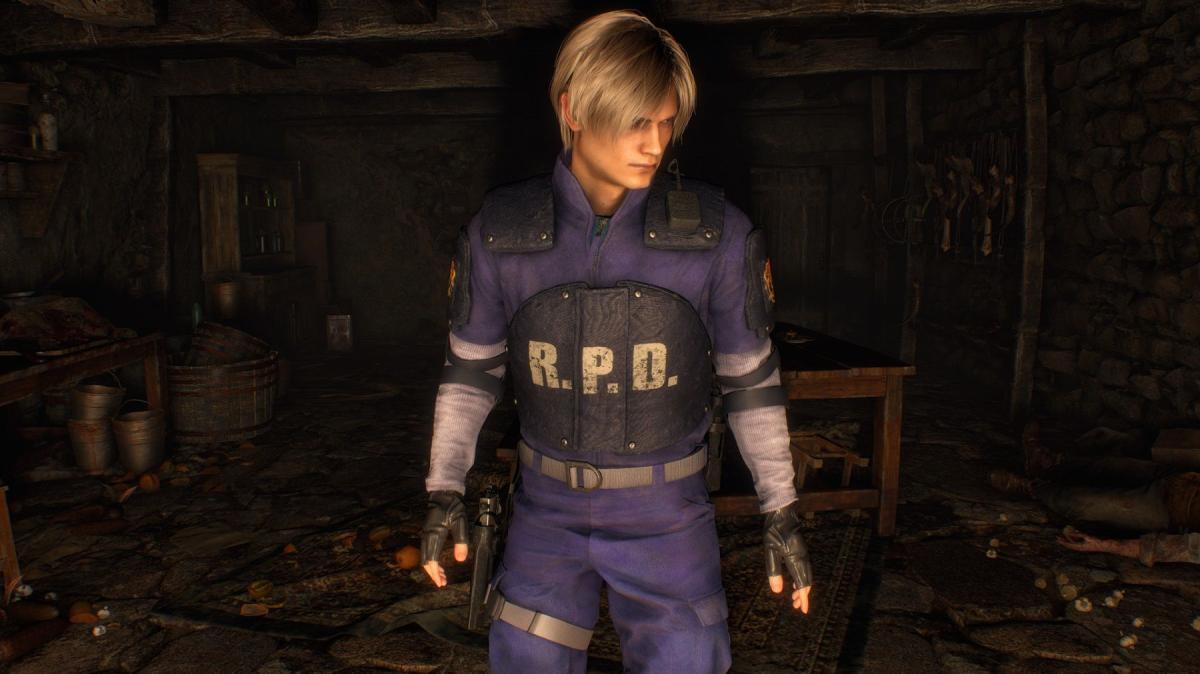 Captura de tela do remake de Resident Evil 4 mostrando Leon Kennedy em seu uniforme RE2 RPD.