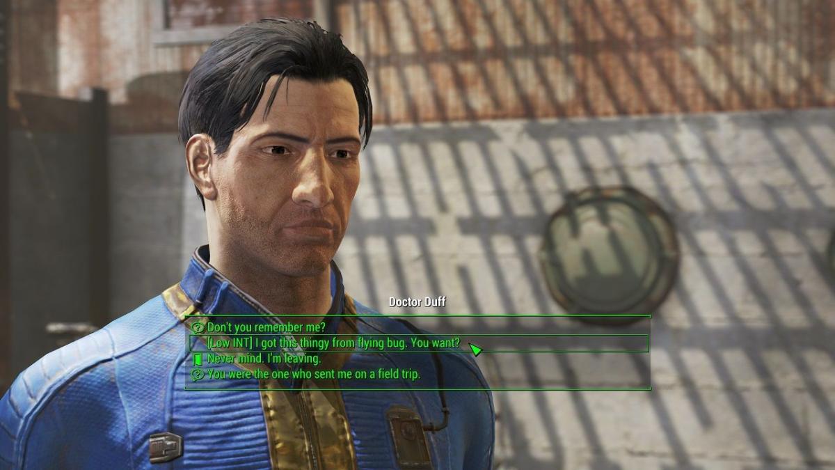 Imagem de Fallout 4 mostrando o Sole Survivor com uma série de opções de diálogo.