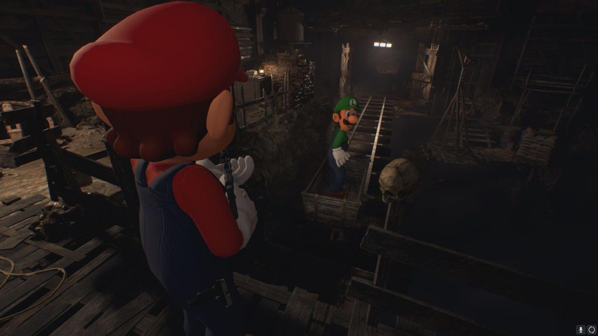 Imagem do remake de Resident Evil 4 mostrando Mario e Luigi prestes a andar no carrinho da mina.